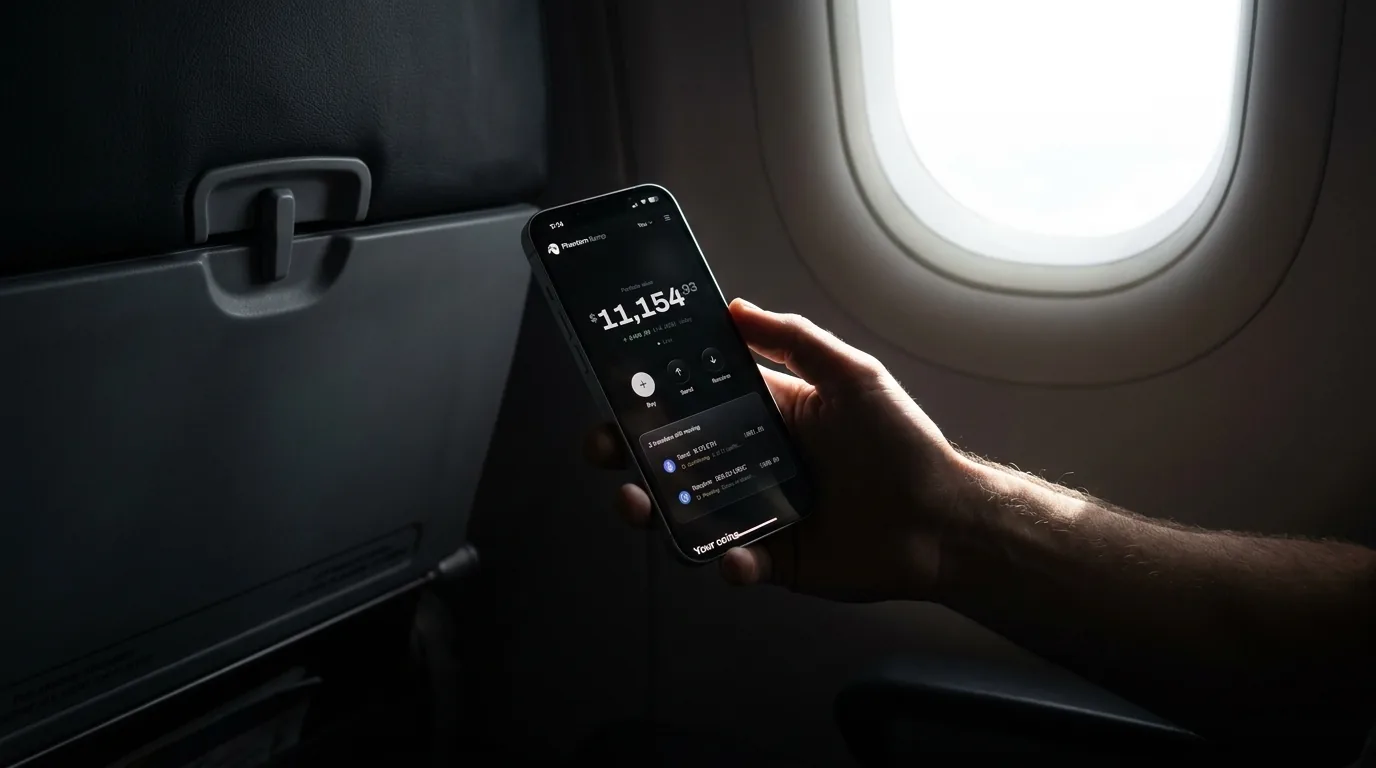 A hand holding a phone in a dark aircraft cabin beside a bright window, the Phantom Ramp dashboard on its screen.