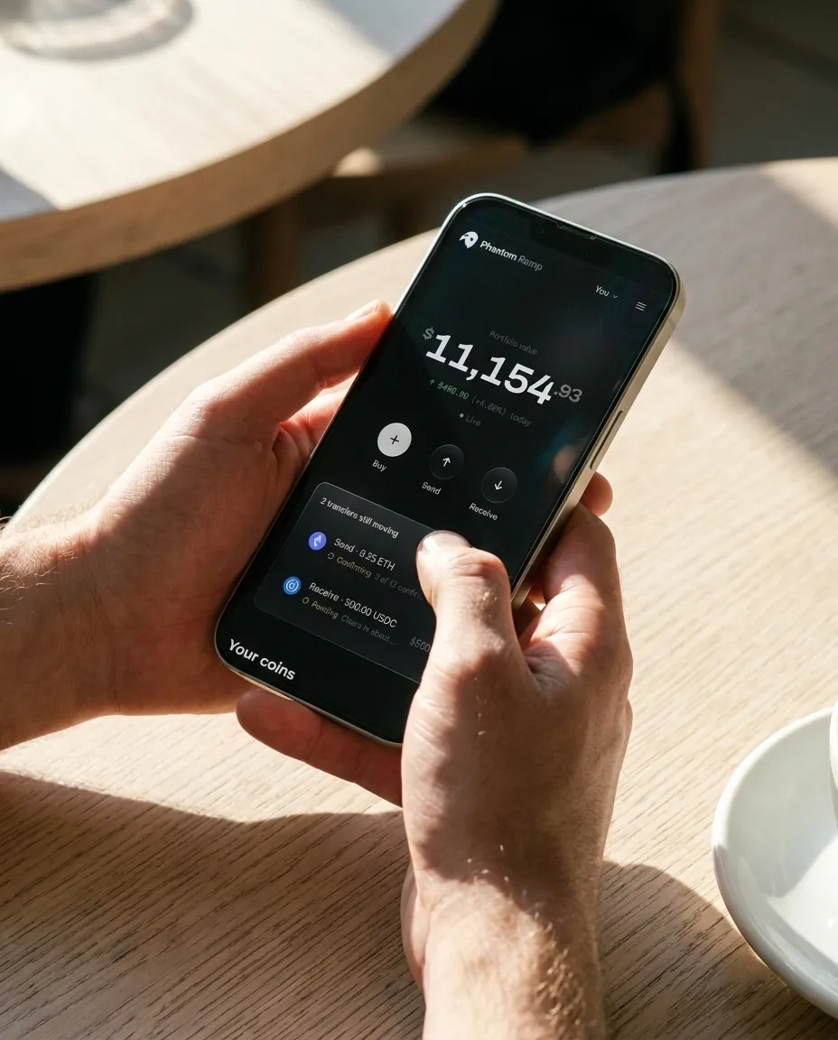 Two hands holding a phone over a cafe table in hard afternoon sun, the Phantom Ramp dashboard on screen.
