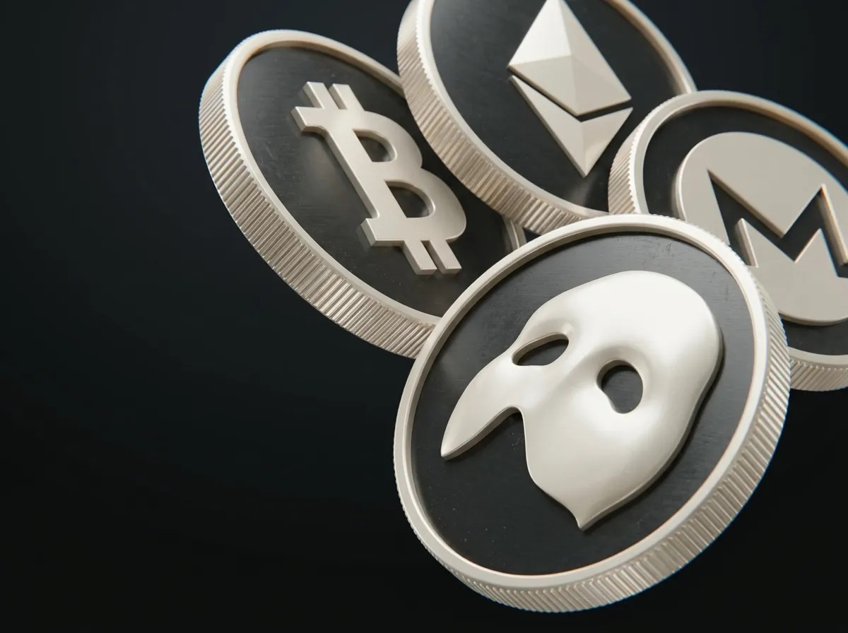 Minted coins tumbling through the frame: the Phantom mask in front, Bitcoin, Ethereum and Monero behind.