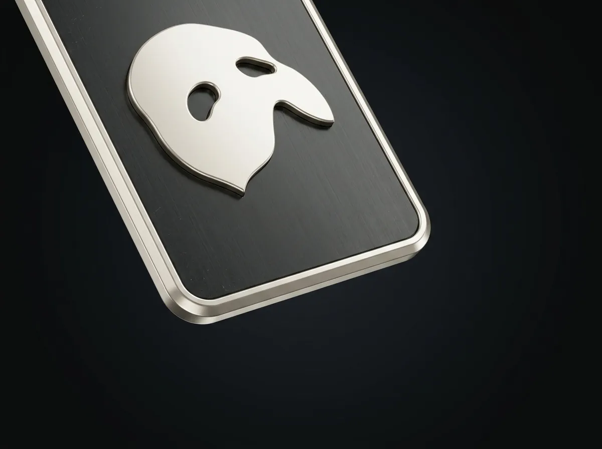 A metal identity card carrying only the Phantom mask, no fields and no name.