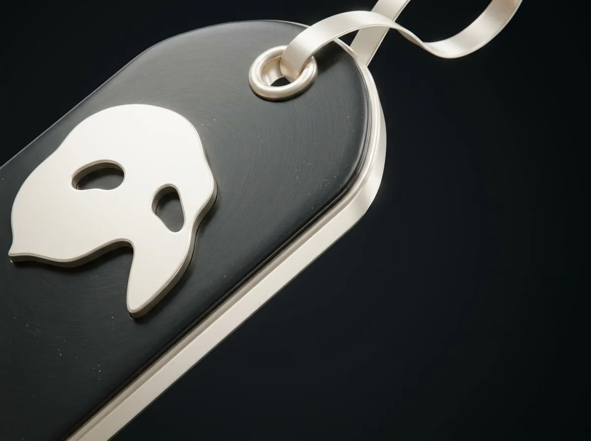 A price tag with a curling metal ribbon, the Phantom mask embossed on its face.
