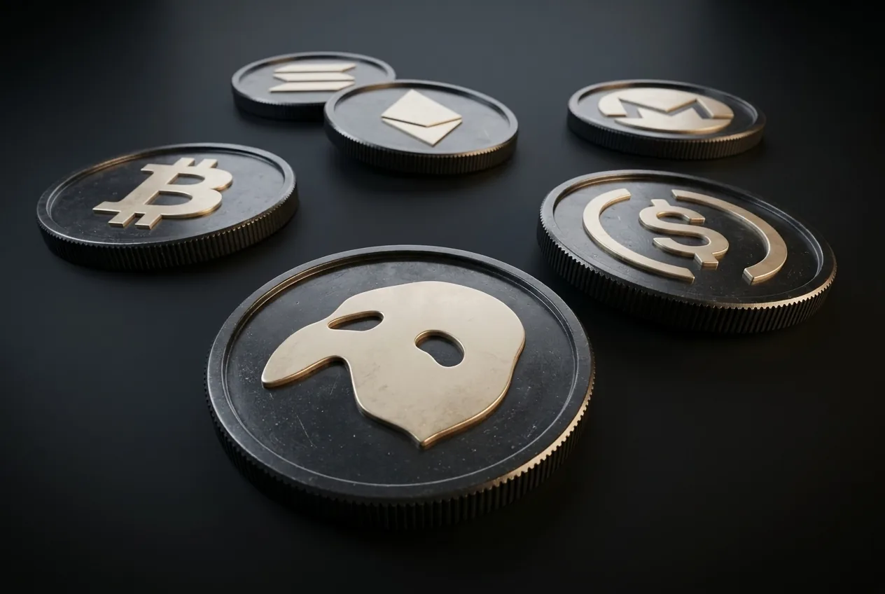 Minted coins carrying the Bitcoin, Ethereum, Solana and USD Coin marks, scattered on a dark surface.