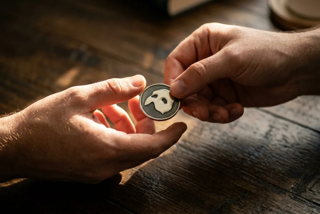 One hand passing a coin bearing the Phantom mask to another over a wooden table.