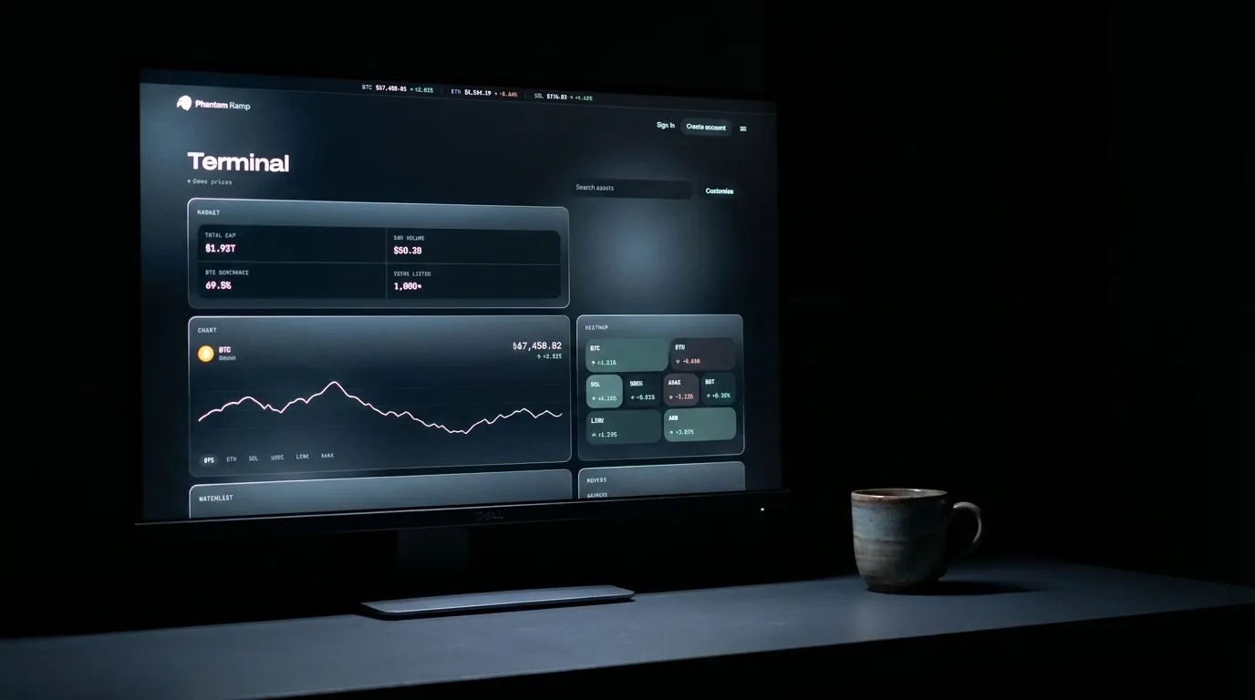 A monitor on a dark desk at night showing the Phantom Ramp terminal, its glow falling on the desk and a cup.