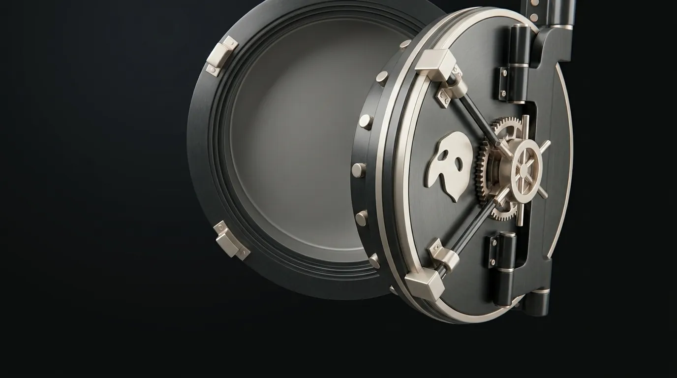 An open bank vault, completely empty, the Phantom mask stamped on its door.