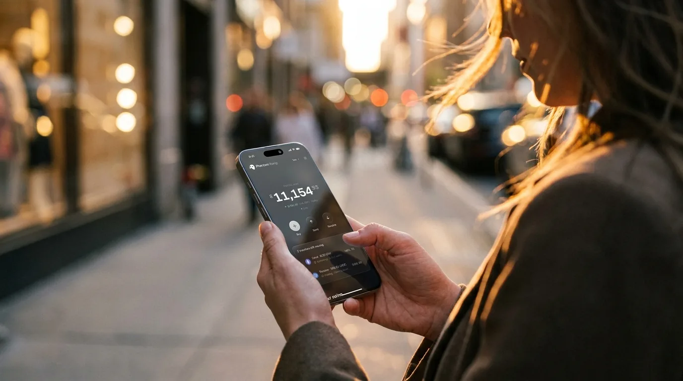 A person on a city street at golden hour holding a phone showing the Phantom Ramp dashboard.